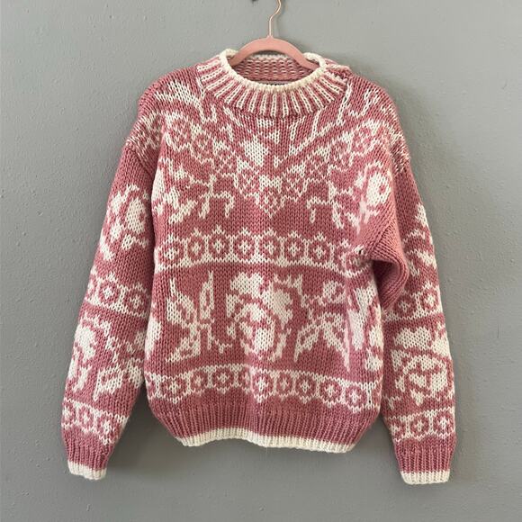 Paris Sport Club Sweaters - Vintage Paris Sport Club Hand-Knit Sweater Size Large Pink White Floral Cottage